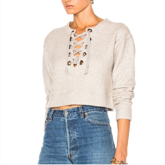 MOTHER Don't Sweat It- TheTie Up Easy Crop Lace Up Sweatshirt-Biege - Picture 3 of 10